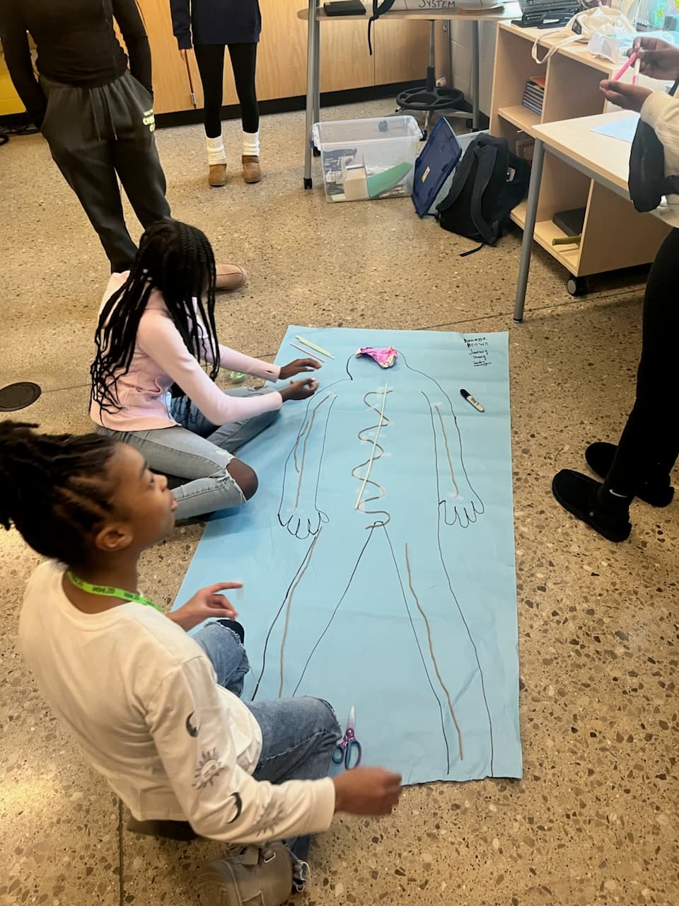 Students laying out a life-size body nervous system activity